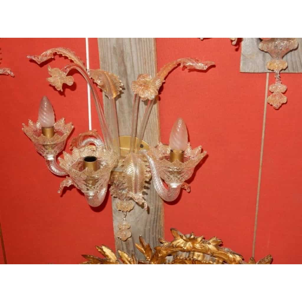 1950/70' Suite de 3 Appliques à 3 Bras de Lumière en Cristal de Murano Avec Paillons d'Or