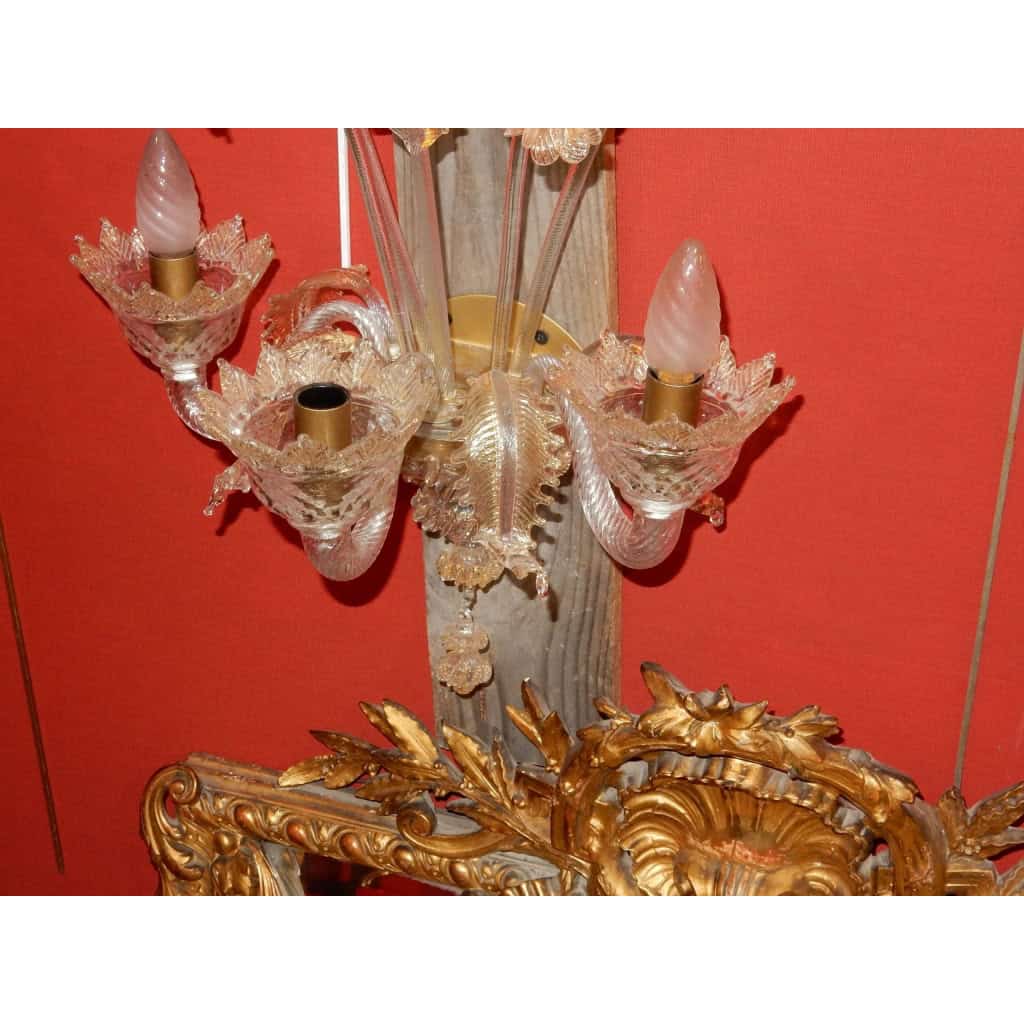 1950/70' Suite de 3 Appliques à 3 Bras de Lumière en Cristal de Murano Avec Paillons d'Or