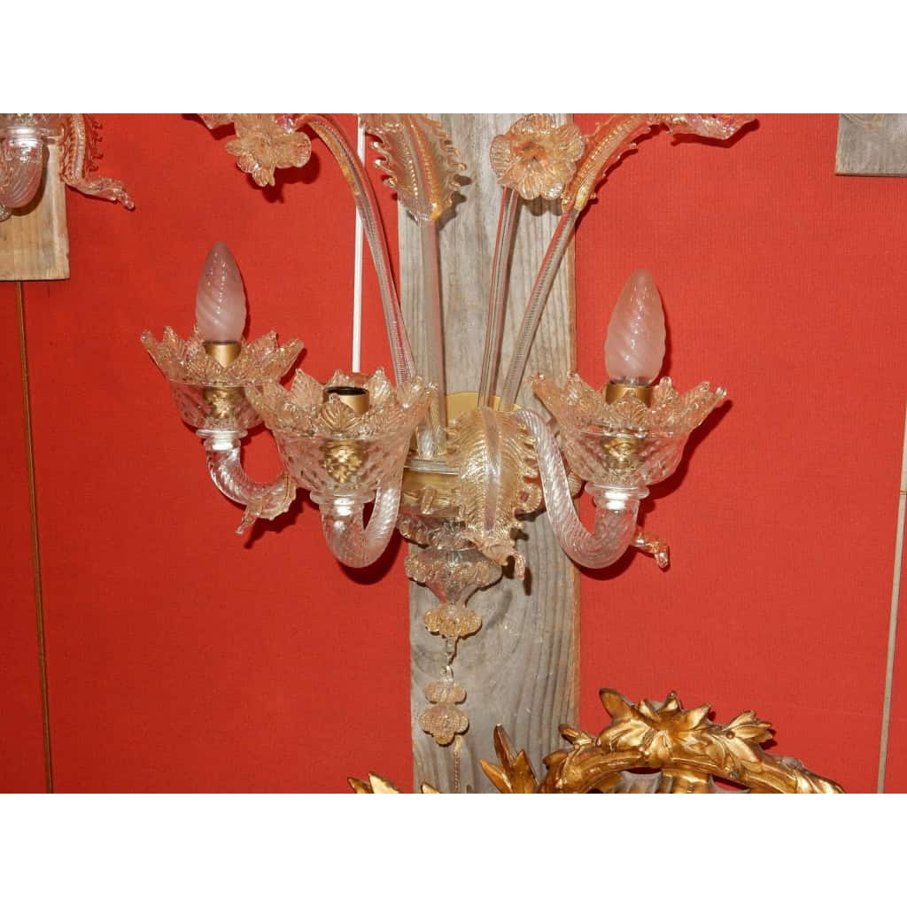 1950/70' Suite de 3 Appliques à 3 Bras de Lumière en Cristal de Murano Avec Paillons d'Or
