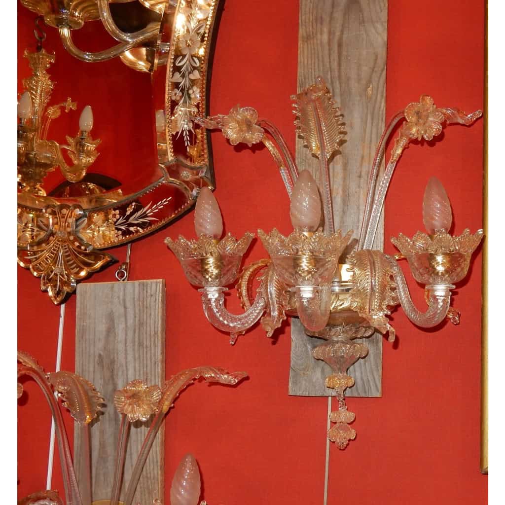 1950/70' Suite de 3 Appliques à 3 Bras de Lumière en Cristal de Murano Avec Paillons d'Or