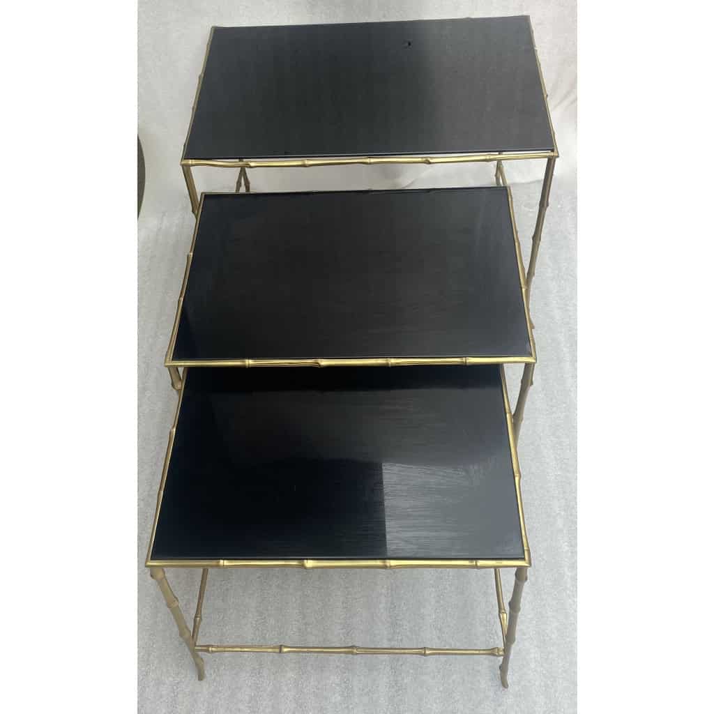 1970′ Tables Gigognes Maison Baguès, 3 Plateaux Miroir Noir et Montants Décor Bambou