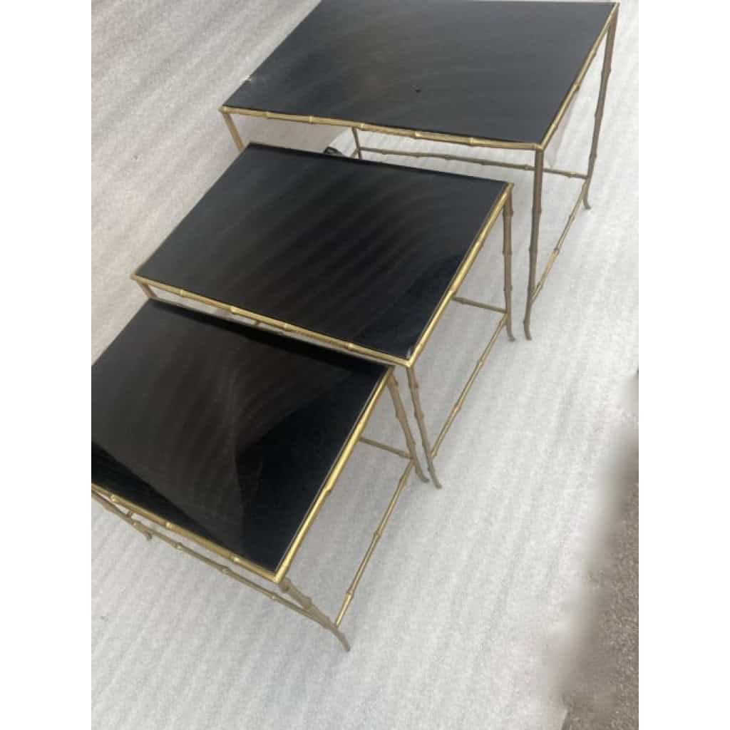 1970′ Tables Gigognes Maison Baguès, 3 Plateaux Miroir Noir et Montants Décor Bambou