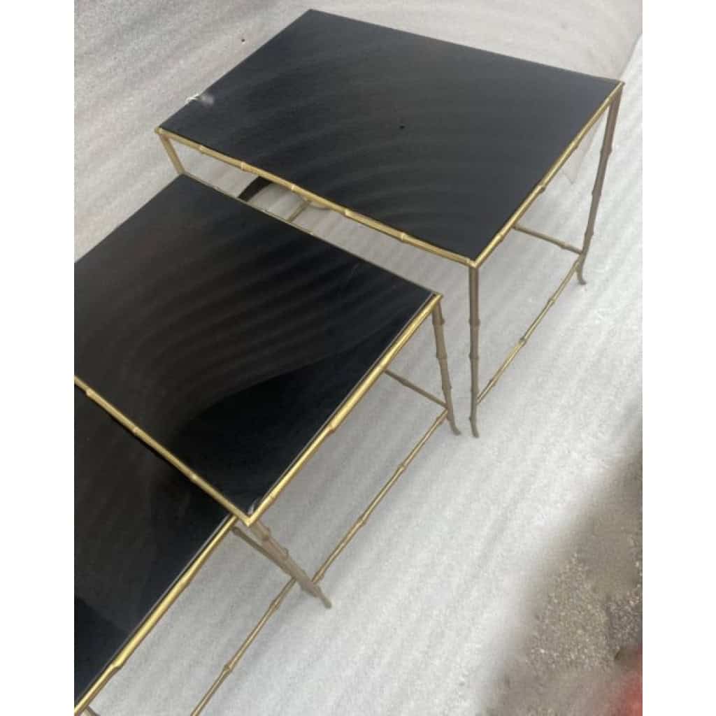 1970′ Tables Gigognes Maison Baguès, 3 Plateaux Miroir Noir et Montants Décor Bambou
