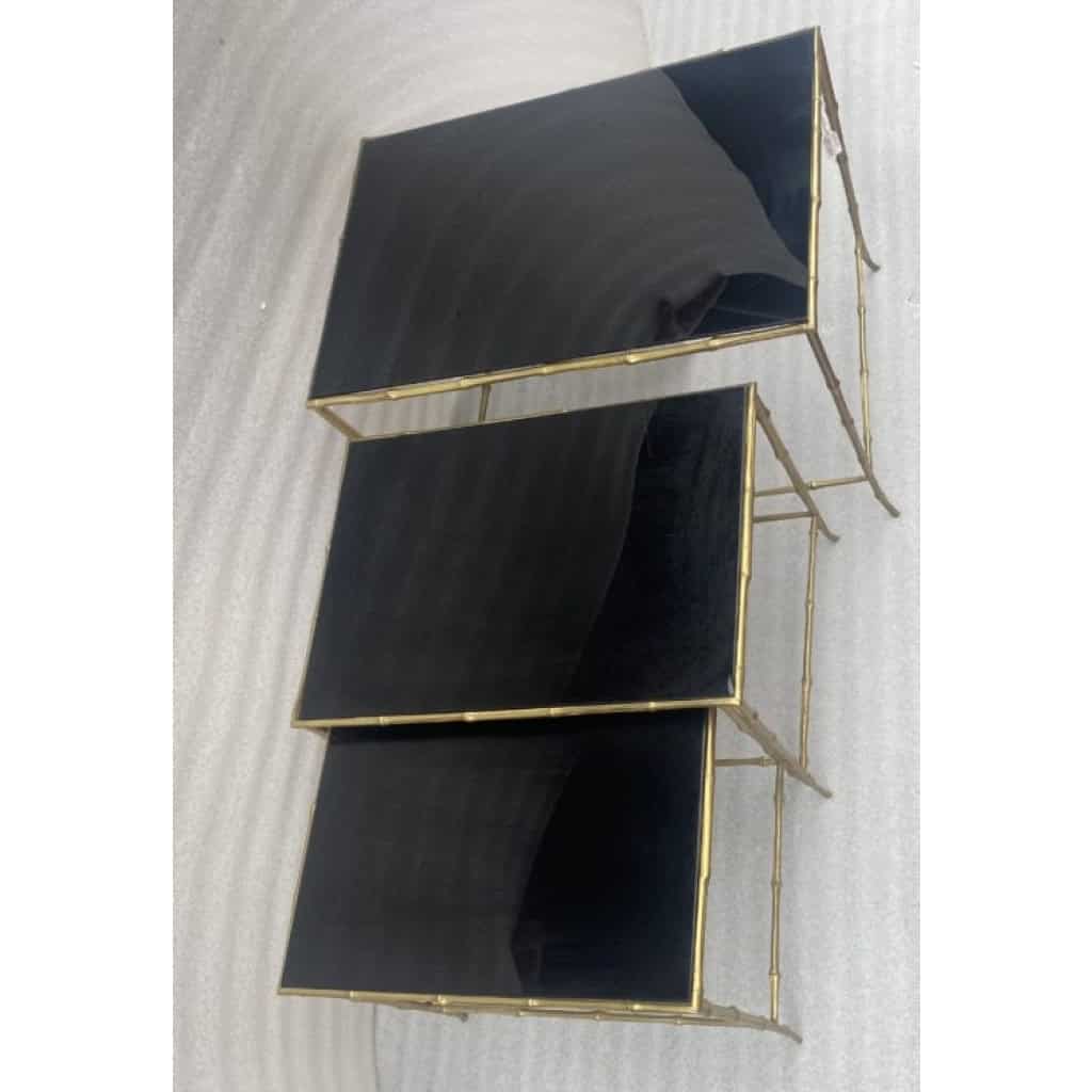 1970′ Tables Gigognes Maison Baguès, 3 Plateaux Miroir Noir et Montants Décor Bambou