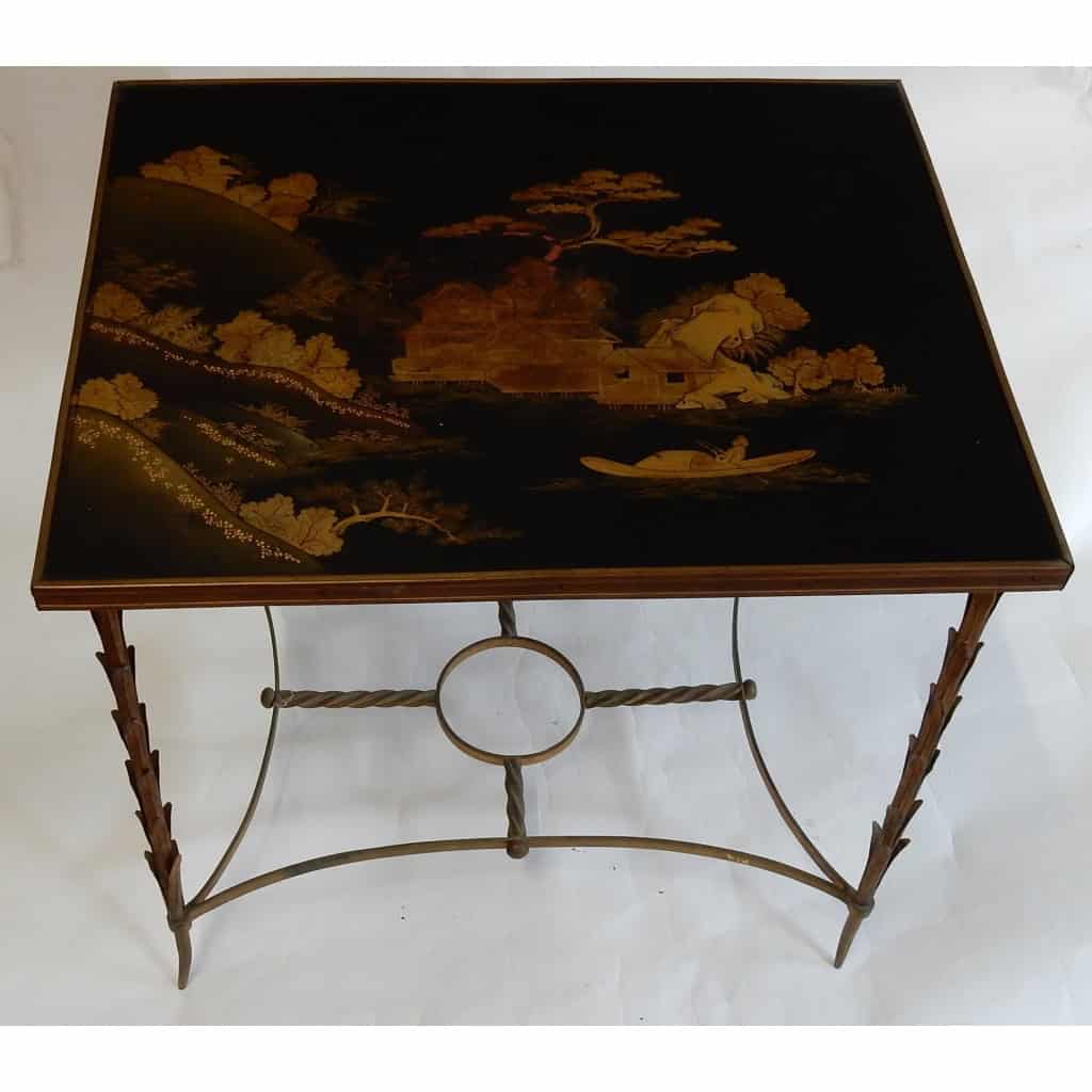 1950/70 Table Plateau Laque de Chine Maison Jansen En Bronze Décor Palmier | Biron ||||||||||