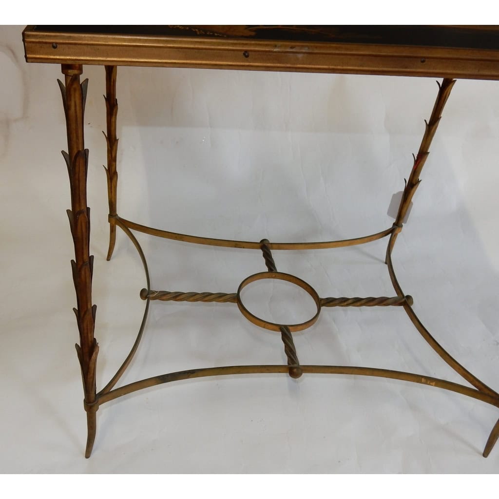 1950/70 Table Plateau Laque de Chine Maison Jansen En Bronze Décor Palmier | Biron 1950/70 Table Plateau Laque de Chine Maison Jansen En Bronze Décor Palmier