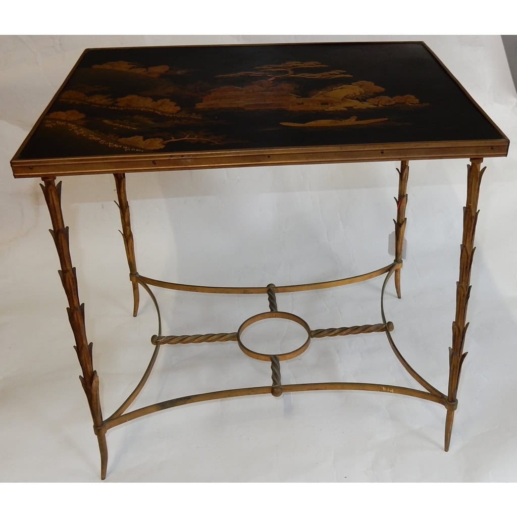 1950/70 Table Plateau Laque de Chine Maison Jansen En Bronze Décor Palmier | Biron 1950/70 Table Plateau Laque de Chine Maison Jansen En Bronze Décor Palmier