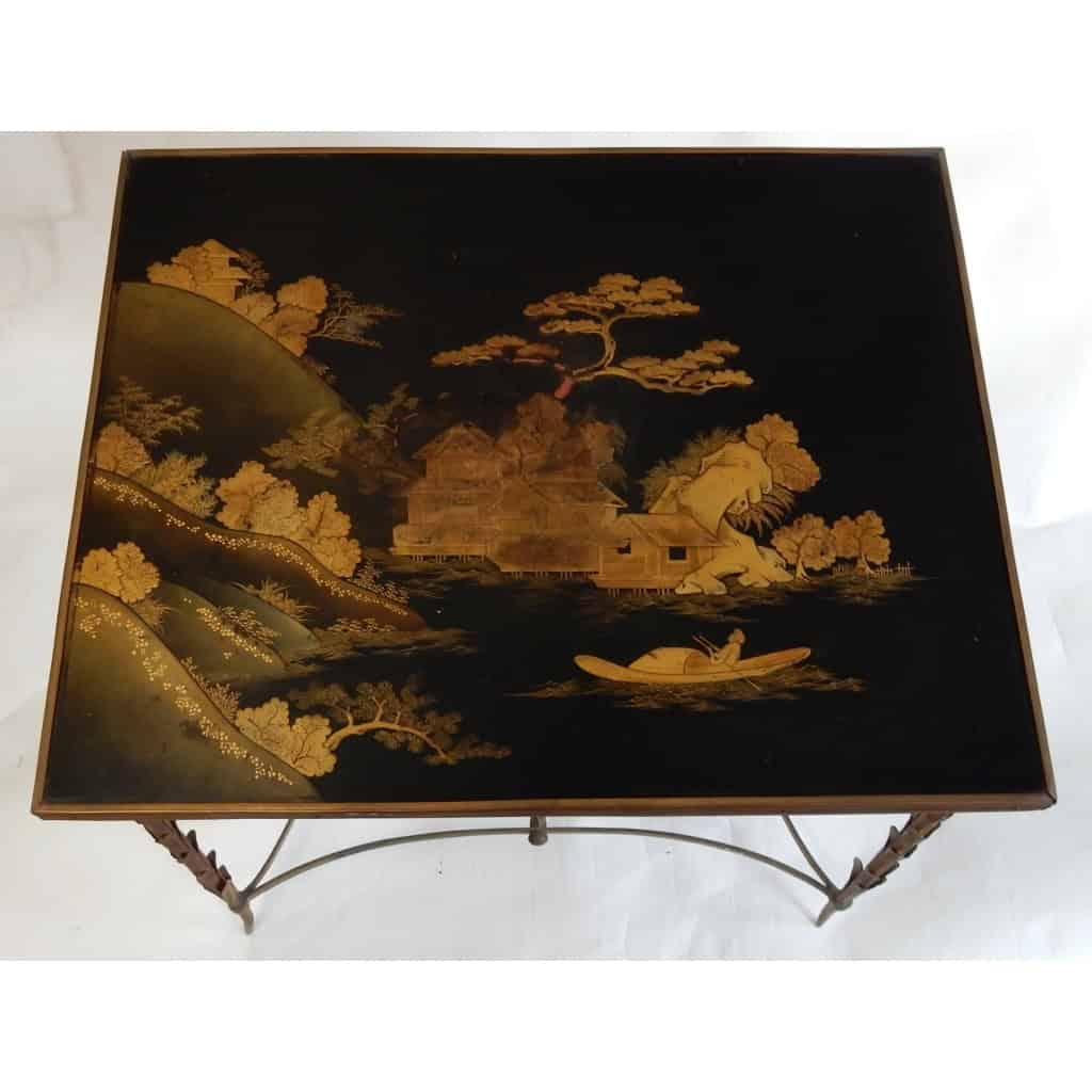 1950/70 Table Plateau Laque de Chine Maison Jansen En Bronze Décor Palmier | Biron 1950/70 Table Plateau Laque de Chine Maison Jansen En Bronze Décor Palmier
