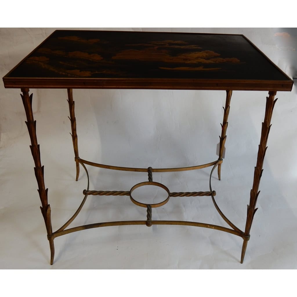 1950/70 Table Plateau Laque de Chine Maison Jansen En Bronze Décor Palmier | Biron 1950/70 Table Plateau Laque de Chine Maison Jansen En Bronze Décor Palmier