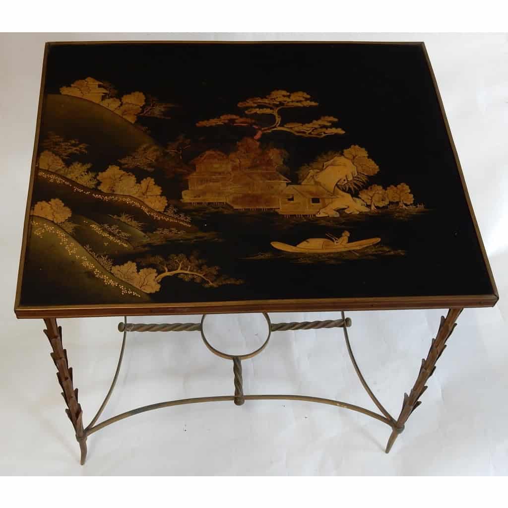 1950/70 Table Plateau Laque de Chine Maison Jansen En Bronze Décor Palmier | Biron 1950/70 Table Plateau Laque de Chine Maison Jansen En Bronze Décor Palmier