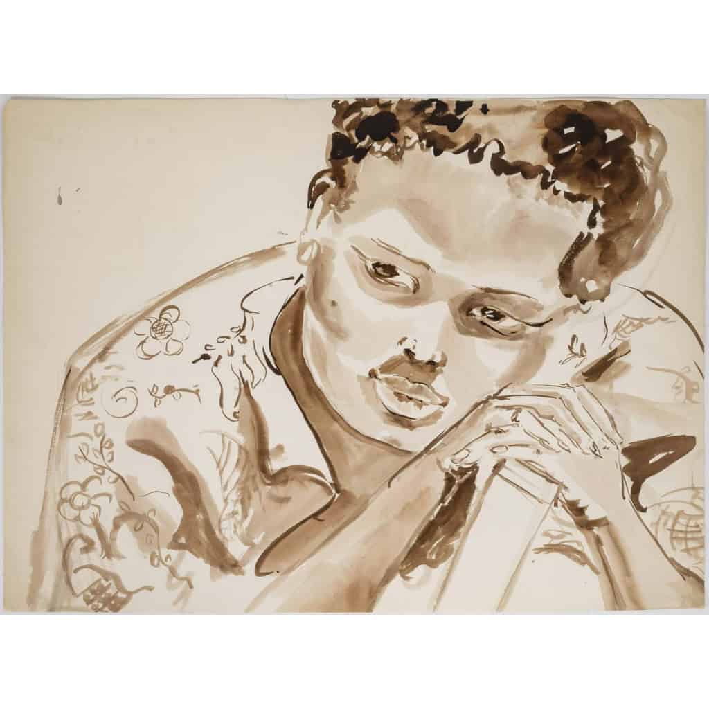 Peinture à l’eau sur papier, portrait d’une femme Africaine, XXème siècle. | Biron |||||||
