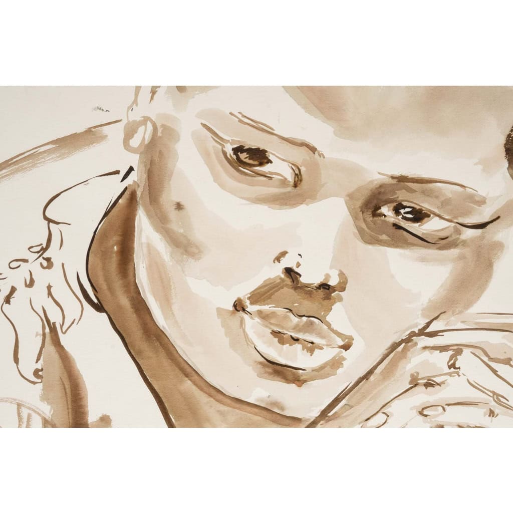 Peinture à l’eau sur papier, portrait d’une femme Africaine, XXème siècle. | Biron Peinture à l’eau sur papier, portrait d’une femme Africaine, XXème siècle.