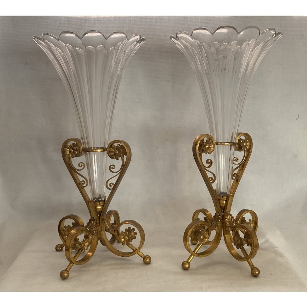 1870′ Paire de Cornets Baccarat Ou Similaires Monture Bronze, Monogramme a la Couronne 2