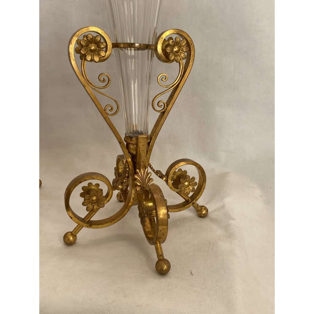 1870′ Paire de Cornets Baccarat Ou Similaires Monture Bronze, Monogramme a la Couronne 3