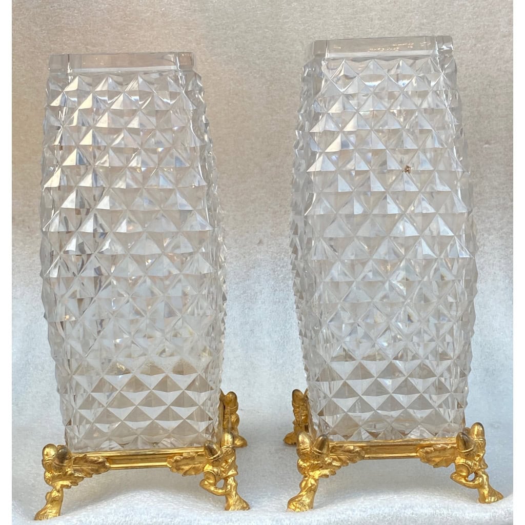 1880′ Paire De Vases Baccarat , L’ Escalier De Cristal,Période Japonisante Socle Bronze Doré Signé 2