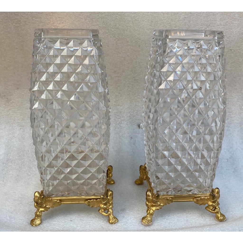 1880′ Paire De Vases Baccarat , L’ Escalier De Cristal,Période Japonisante Socle Bronze Doré Signé 11
