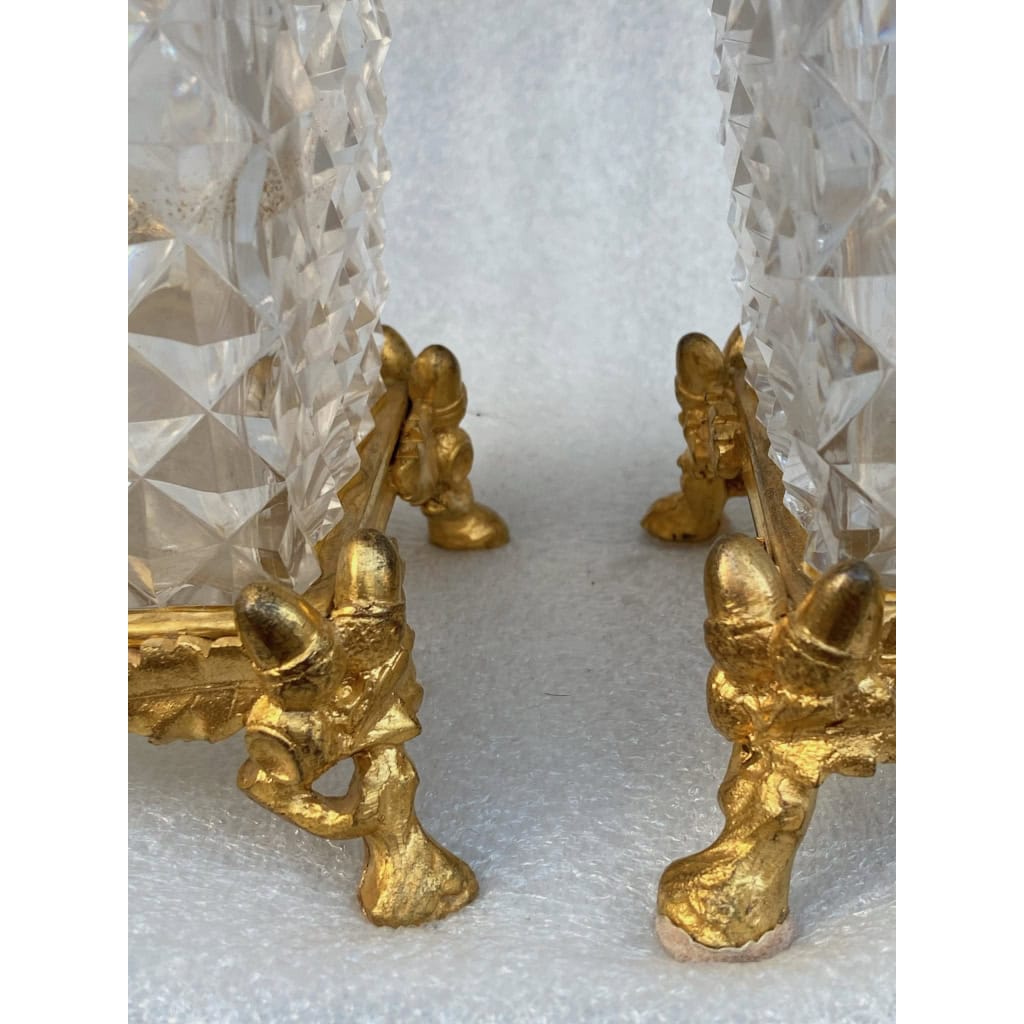 1880′ Paire De Vases Baccarat , L’ Escalier De Cristal,Période Japonisante Socle Bronze Doré Signé 5