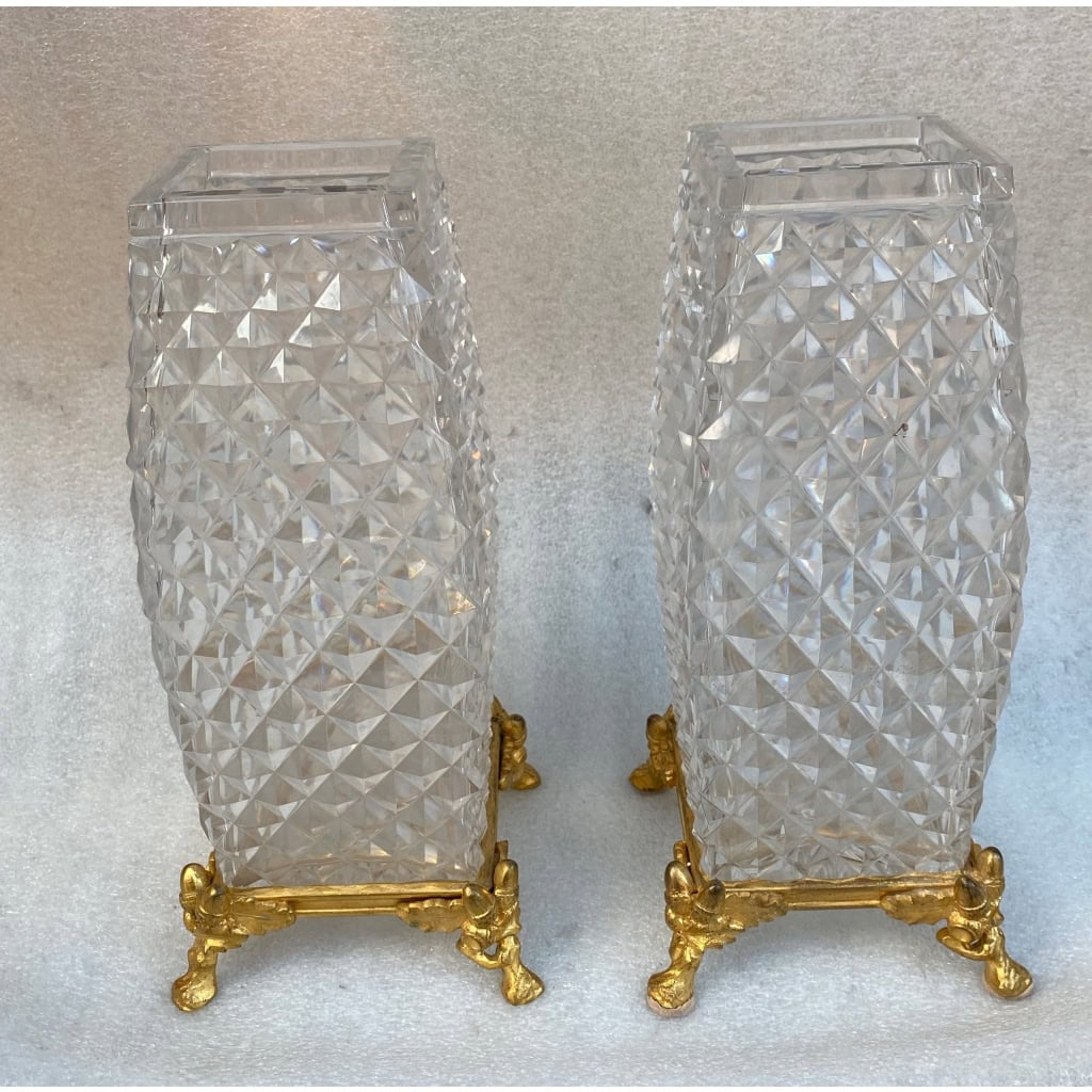 1880′ Paire De Vases Baccarat , L’ Escalier De Cristal,Période Japonisante Socle Bronze Doré Signé 9