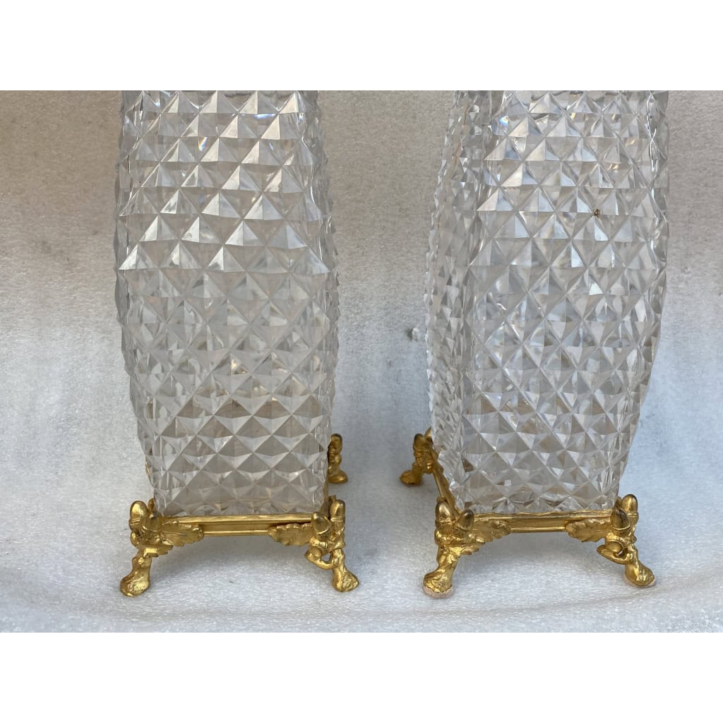 1880′ Paire De Vases Baccarat , L’ Escalier De Cristal,Période Japonisante Socle Bronze Doré Signé 10
