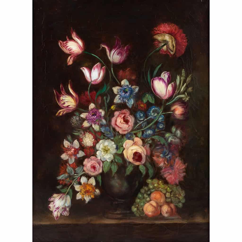 École française, Bouquet de tulipes, roses et fruits sur un entablement huile sur toile d’époque Napoléon III | Biron MLD Antiquités|MLD Antiquités|MLD Antiquités|MLD Antiquités|MLD Antiquités|MLD Antiquités|MLD Antiquités|MLD Antiquités|MLD Antiquités||