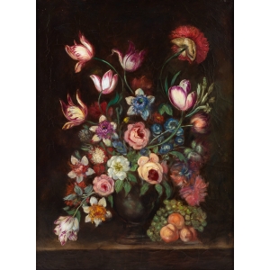 École française, Bouquet de tulipes, roses et fruits sur un entablement huile sur toile d’époque Napoléon III | Biron MLD Antiquités|MLD Antiquités|MLD Antiquités|MLD Antiquités|MLD Antiquités|MLD Antiquités|MLD Antiquités|MLD Antiquités|MLD Antiquités||