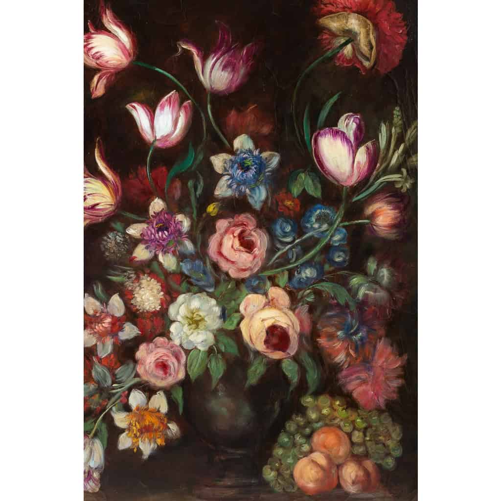 École française, Bouquet de tulipes, roses et fruits sur un entablement huile sur toile d’époque Napoléon III | Biron École française, Bouquet de tulipes, roses et fruits sur un entablement huile sur toile d'époque Napoléon III