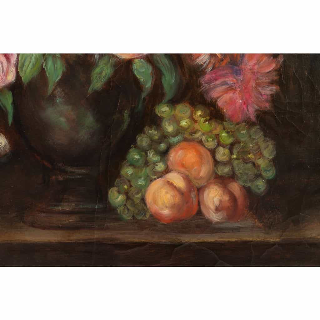 École française, Bouquet de tulipes, roses et fruits sur un entablement huile sur toile d’époque Napoléon III | Biron École française, Bouquet de tulipes, roses et fruits sur un entablement huile sur toile d'époque Napoléon III