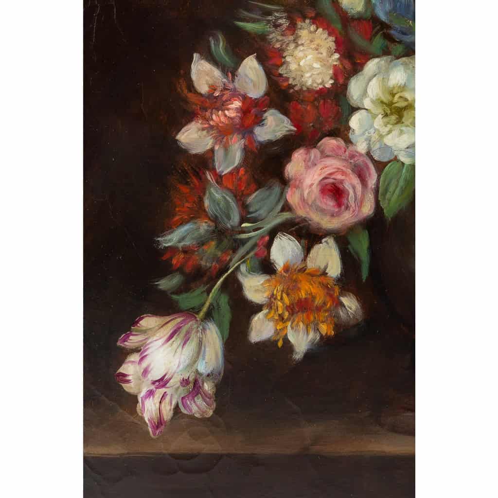 École française, Bouquet de tulipes, roses et fruits sur un entablement huile sur toile d’époque Napoléon III | Biron École française, Bouquet de tulipes, roses et fruits sur un entablement huile sur toile d'époque Napoléon III