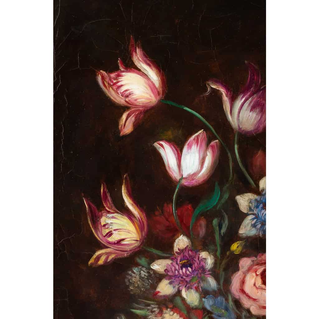 École française, Bouquet de tulipes, roses et fruits sur un entablement huile sur toile d’époque Napoléon III | Biron École française, Bouquet de tulipes, roses et fruits sur un entablement huile sur toile d'époque Napoléon III