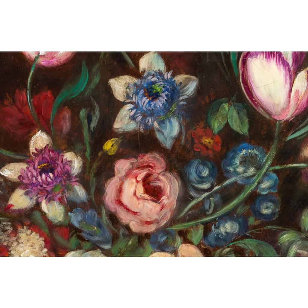 École française, Bouquet de tulipes, roses et fruits sur un entablement huile sur toile d’époque Napoléon III | Biron École française, Bouquet de tulipes, roses et fruits sur un entablement huile sur toile d'époque Napoléon III