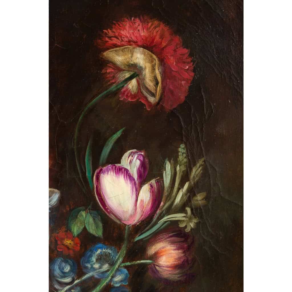 École française, Bouquet de tulipes, roses et fruits sur un entablement huile sur toile d’époque Napoléon III | Biron École française, Bouquet de tulipes, roses et fruits sur un entablement huile sur toile d'époque Napoléon III