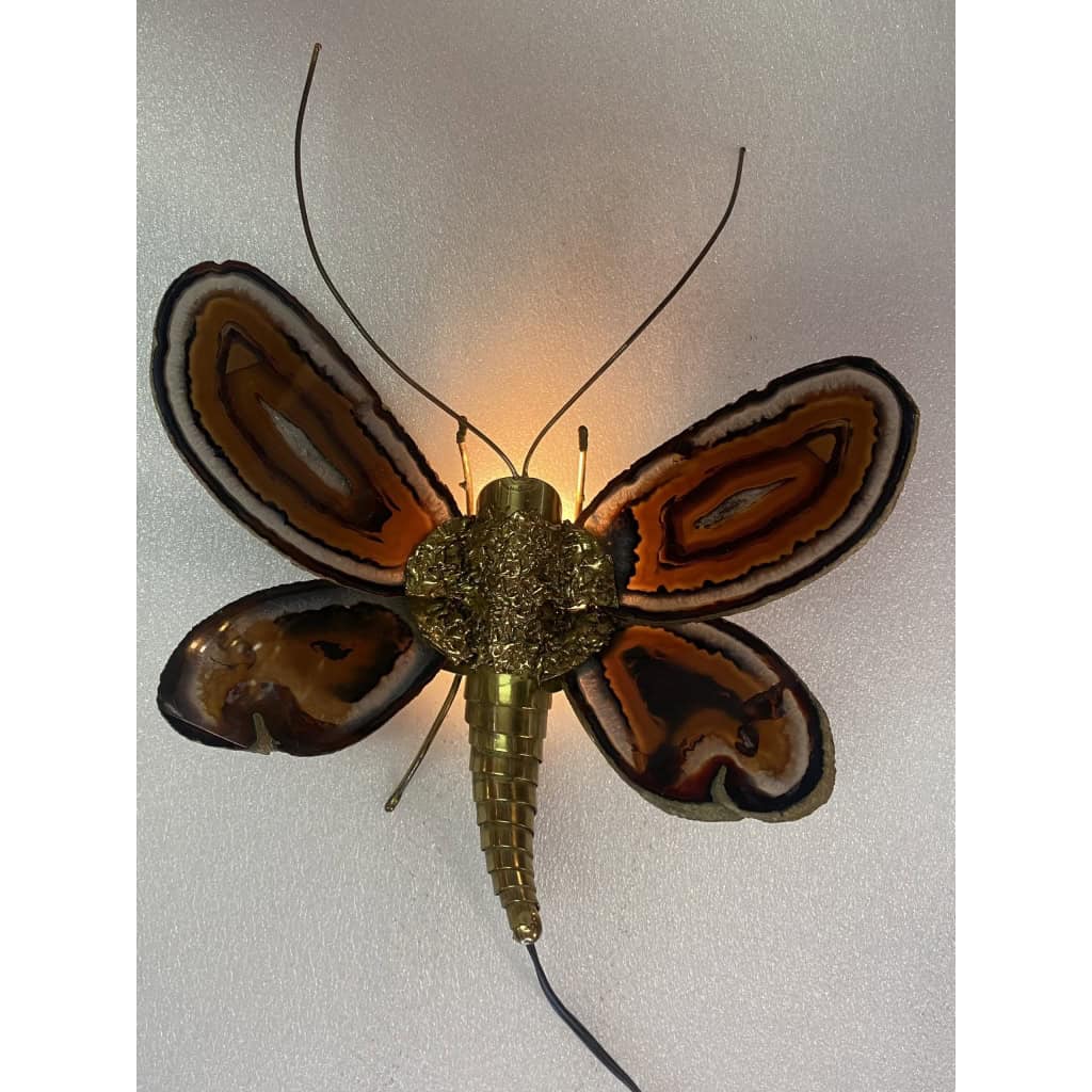 1970’ Applique Papillon en Bronze ou Laiton, Duval Brasseur Ou Isabelle Faure, 1 Ampoule, Ailes d’Agate | Biron |||||||||||
