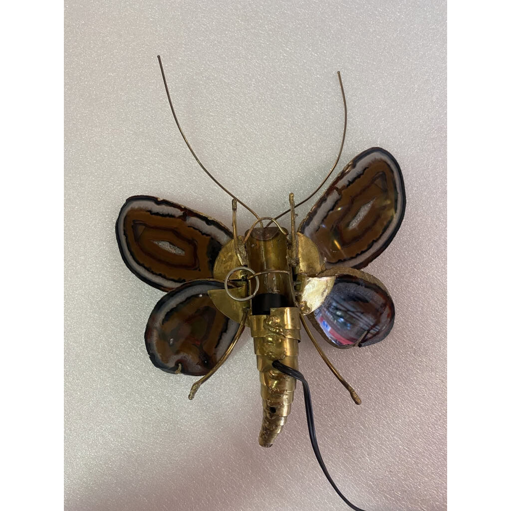 1970’ Applique Papillon en Bronze ou Laiton, Duval Brasseur Ou Isabelle Faure, 1 Ampoule, Ailes d’Agate | Biron 1970’ Applique Papillon en Bronze ou Laiton, Duval Brasseur Ou Isabelle Faure, 1 Ampoule, Ailes d’Agate