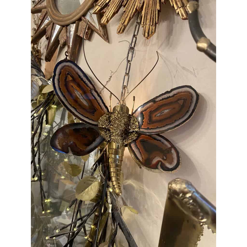 1970’ Applique Papillon en Bronze ou Laiton, Duval Brasseur Ou Isabelle Faure, 1 Ampoule, Ailes d’Agate | Biron 1970’ Applique Papillon en Bronze ou Laiton, Duval Brasseur Ou Isabelle Faure, 1 Ampoule, Ailes d’Agate