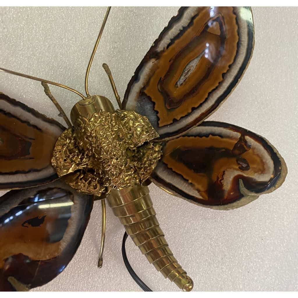 1970’ Applique Papillon en Bronze ou Laiton, Duval Brasseur Ou Isabelle Faure, 1 Ampoule, Ailes d’Agate | Biron 1970’ Applique Papillon en Bronze ou Laiton, Duval Brasseur Ou Isabelle Faure, 1 Ampoule, Ailes d’Agate