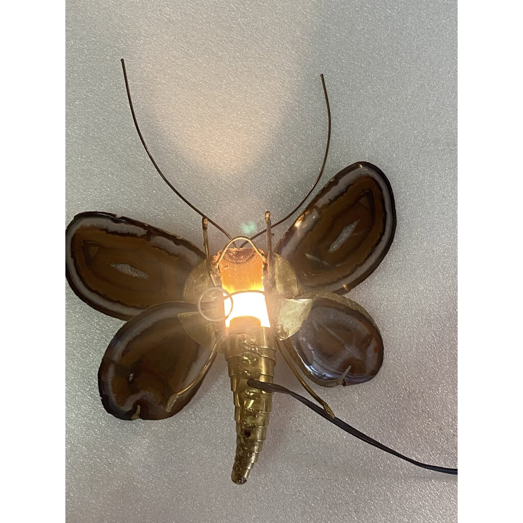 1970’ Applique Papillon en Bronze ou Laiton, Duval Brasseur Ou Isabelle Faure, 1 Ampoule, Ailes d’Agate | Biron 1970’ Applique Papillon en Bronze ou Laiton, Duval Brasseur Ou Isabelle Faure, 1 Ampoule, Ailes d’Agate