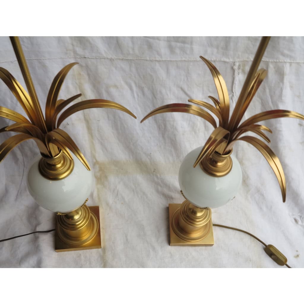 1950/70′ Paire de Lampes Opaline Blanche Style Charles