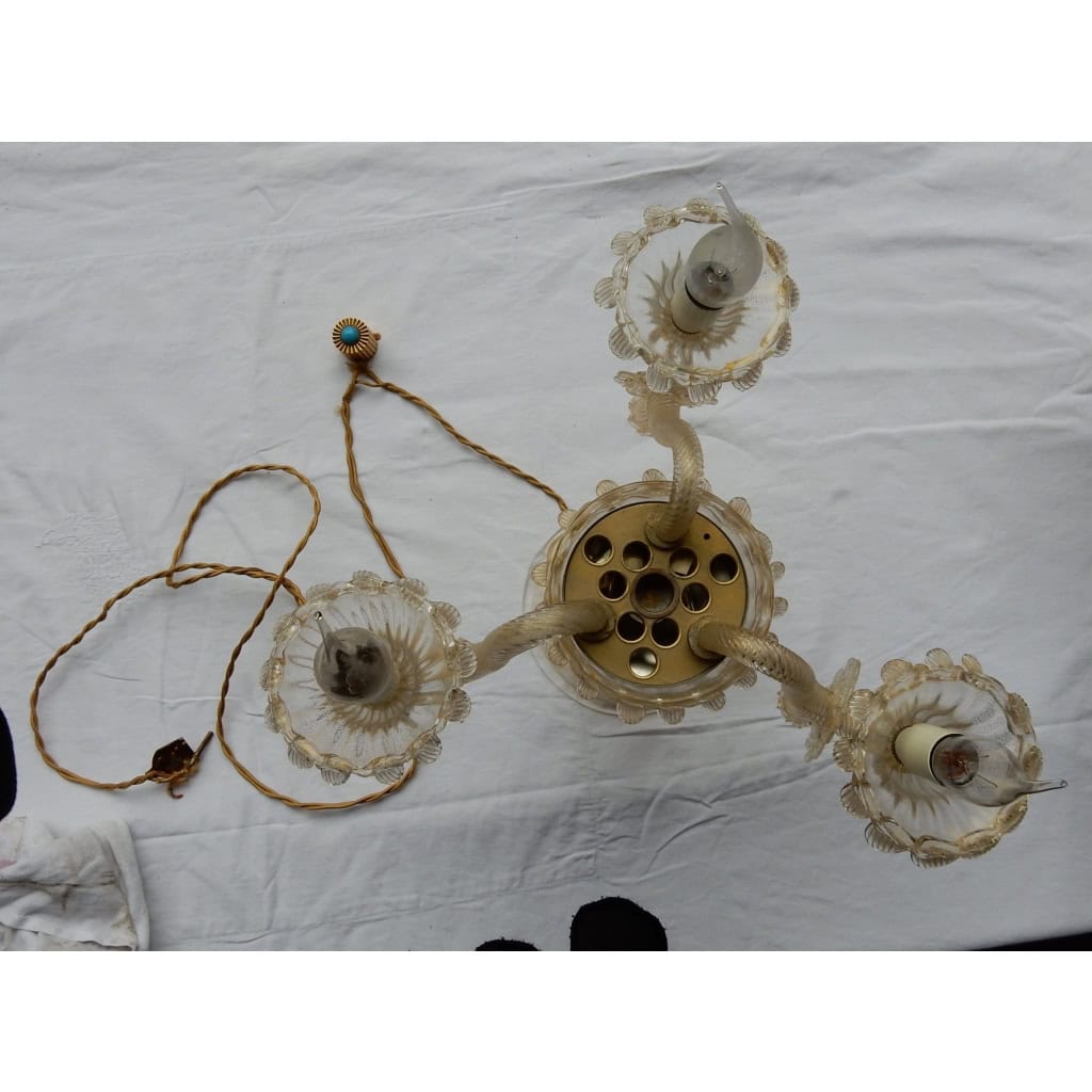 1950/70′ Chandelier en Cristal Murano à Feuilles d’Or | Biron 1950/70′ Chandelier en Cristal Murano à Feuilles d’Or