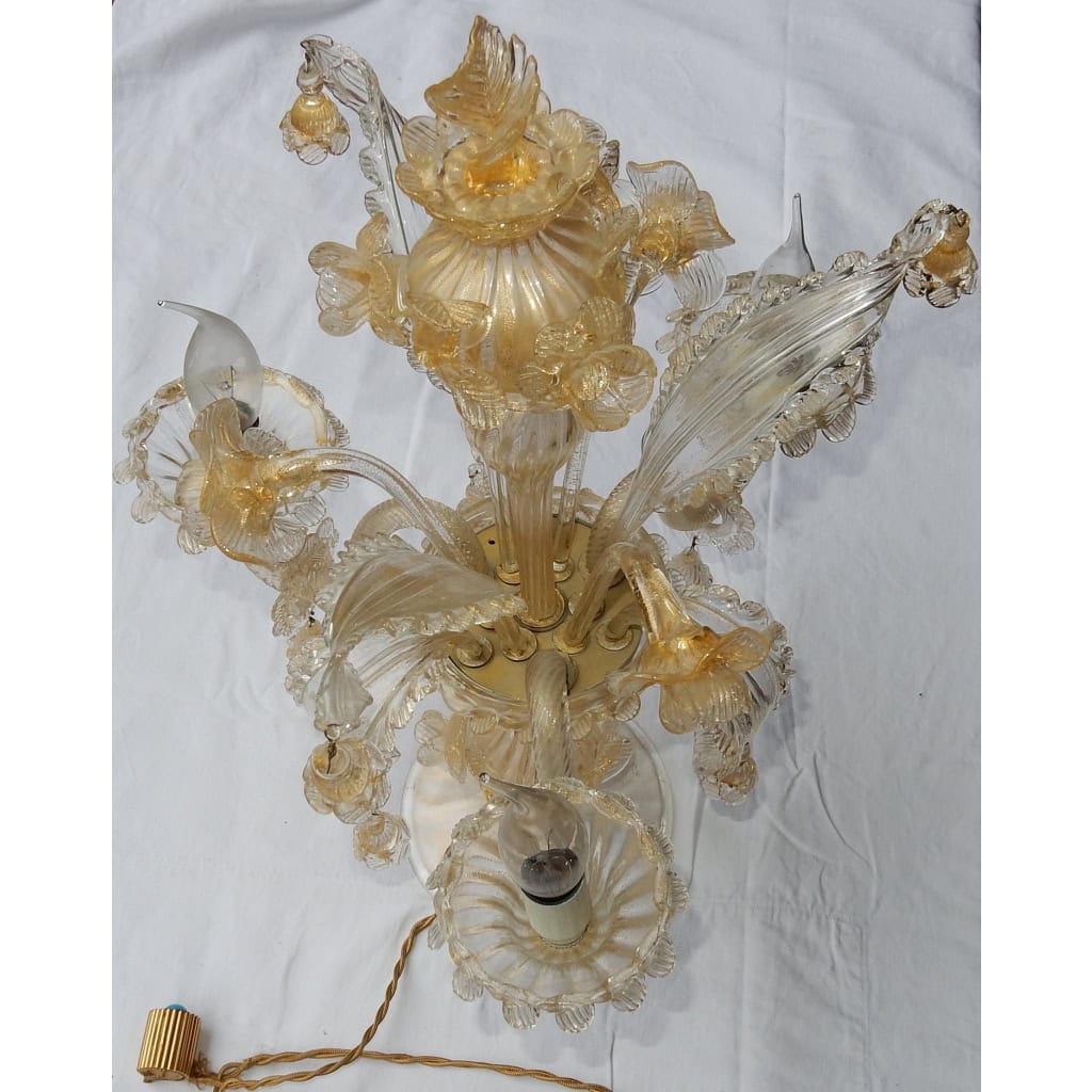 1950/70′ Chandelier en Cristal Murano à Feuilles d’Or | Biron 1950/70′ Chandelier en Cristal Murano à Feuilles d’Or