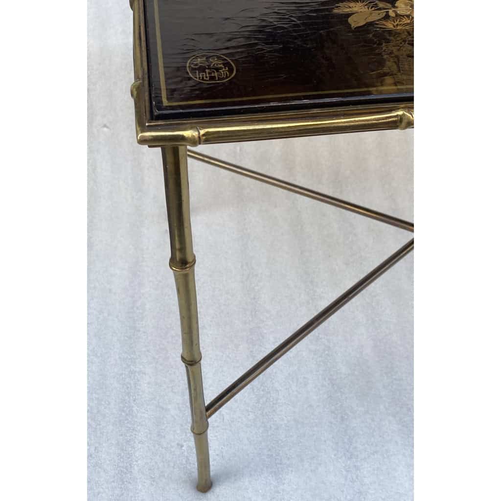 1950′ Table Maison Baguès Ou Maison Jansen Décor Bambou en Bronze Doré Avec Plateau Laque de Chine Aux Oiseaux Et Fleurs