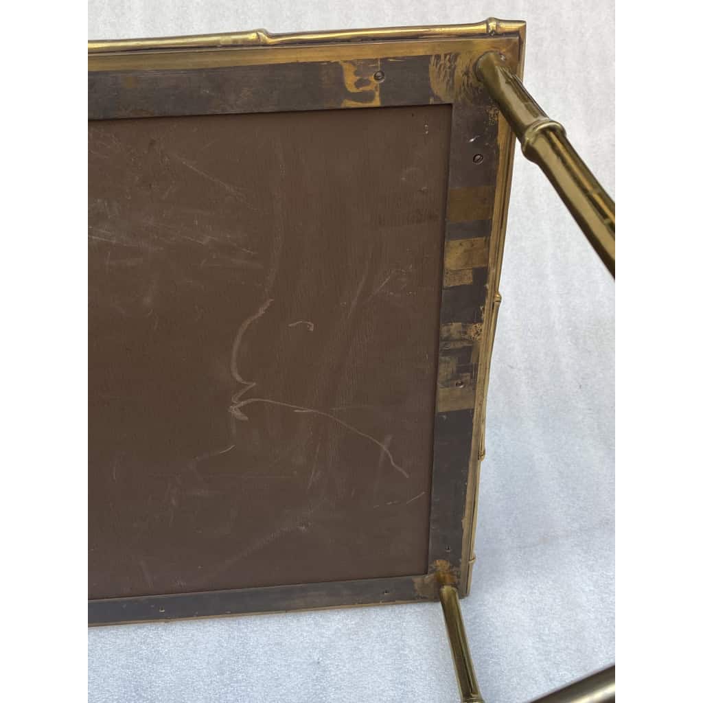 1950′ Table Maison Baguès Ou Maison Jansen Décor Bambou en Bronze Doré Avec Plateau Laque de Chine Aux Oiseaux Et Fleurs