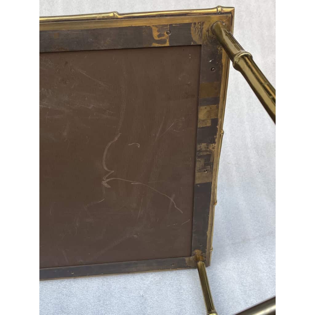 1950′ Table Maison Baguès Ou Maison Jansen Décor Bambou en Bronze Doré Avec Plateau Laque de Chine Aux Oiseaux Et Fleurs