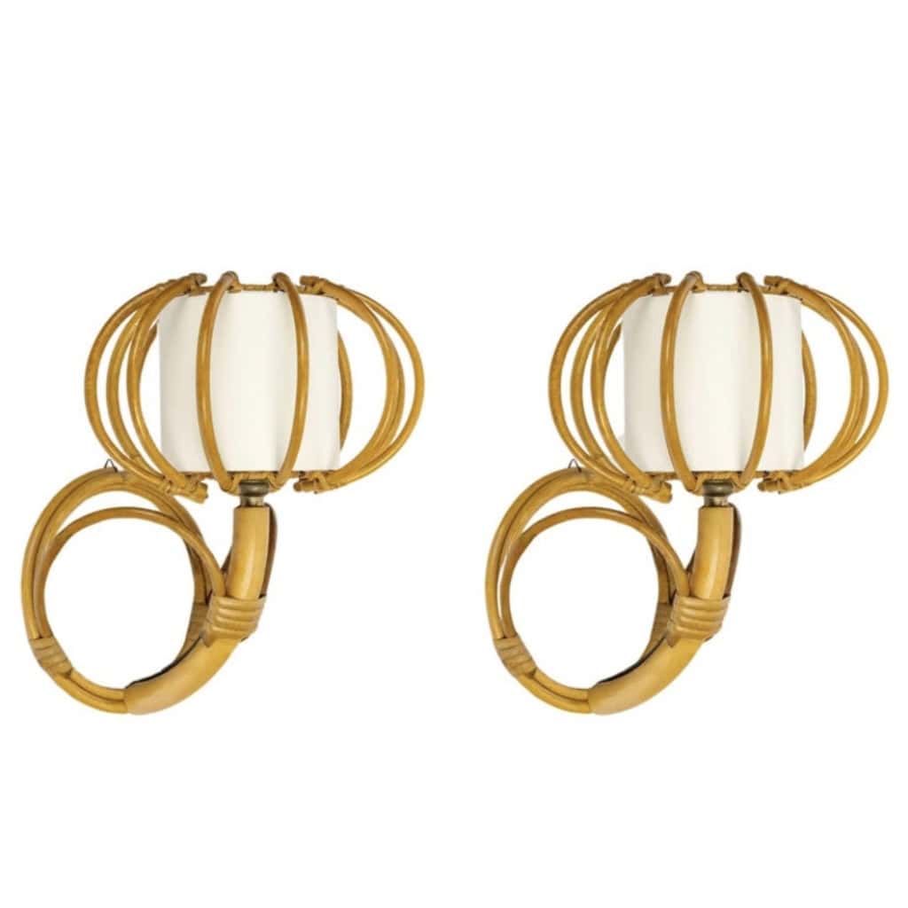 1950s, Paire d’appliques en rotin Louis Sognot | Biron |||||