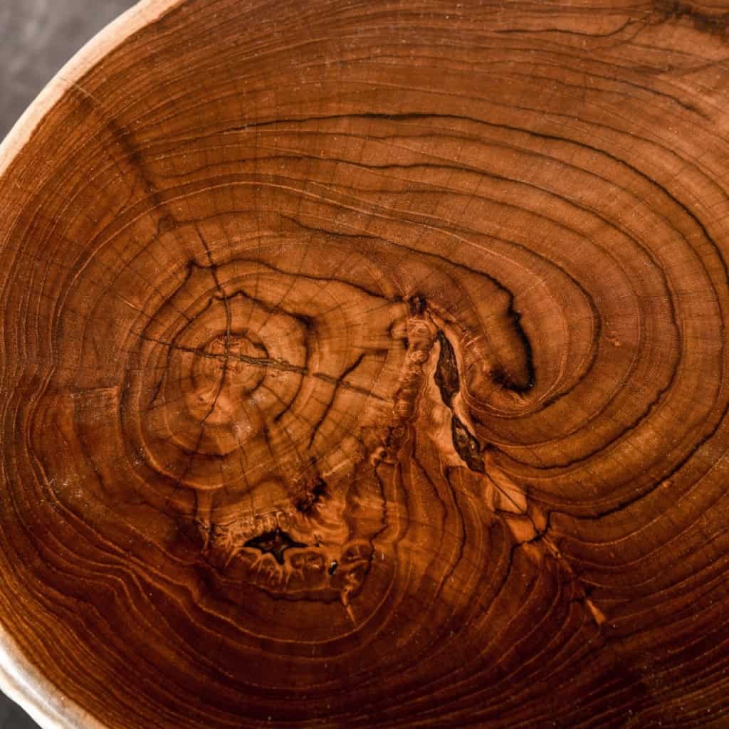Bout de canapé de couleur ivoire, table d’appoint à roulettes en bois blanchie, construit dans un tronc d’arbre, XXème siècle. | Biron Bout de canapé de couleur ivoire, table d’appoint à roulettes en bois blanchie, construit dans un tronc d’arbre, XXème siècle.
