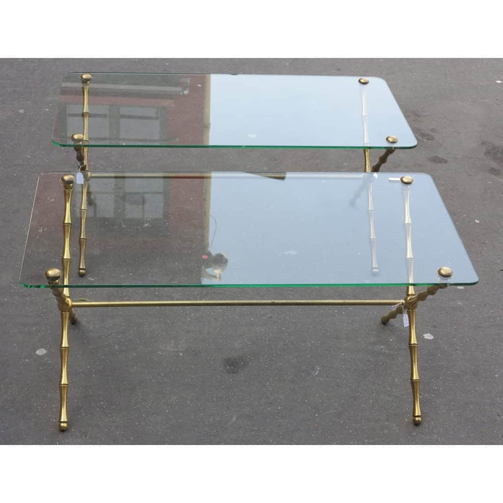 1950/70 Paire de Tables Basses en Bronze Doré Maison Baguès, Modèle bambou, Entretoise, Plateau Verre Vissé
