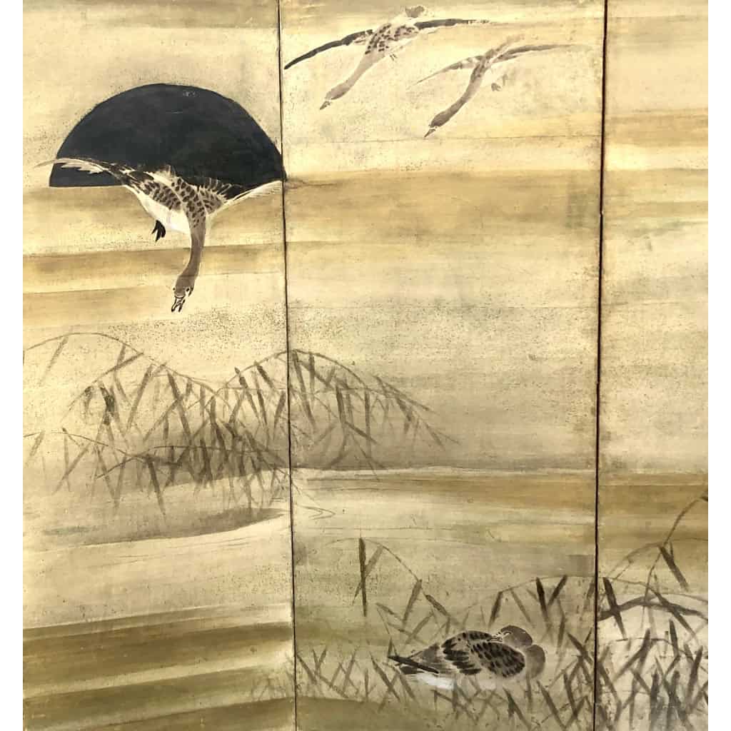 Paire de paravents japonais à 6 panneaux aigrettes et oies | Biron Paire de paravents japonais à 6 panneaux aigrettes et oies