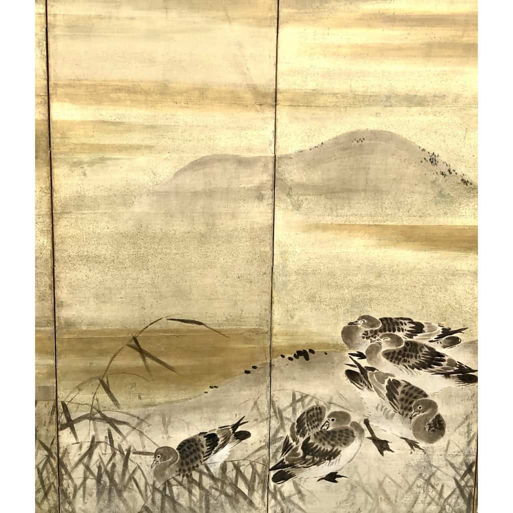 Paire de paravents japonais à 6 panneaux aigrettes et oies | Biron Paire de paravents japonais à 6 panneaux aigrettes et oies