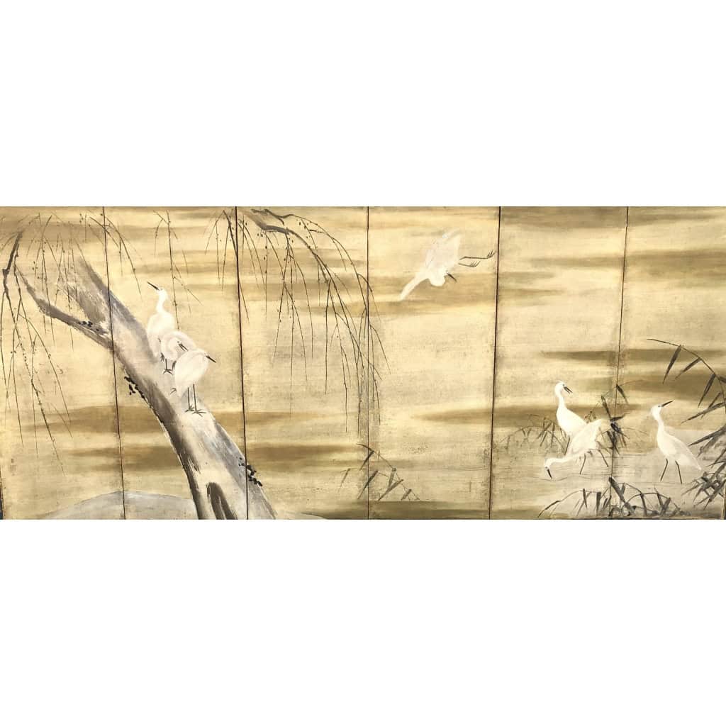 Paire de paravents japonais à 6 panneaux aigrettes et oies | Biron Paire de paravents japonais à 6 panneaux aigrettes et oies