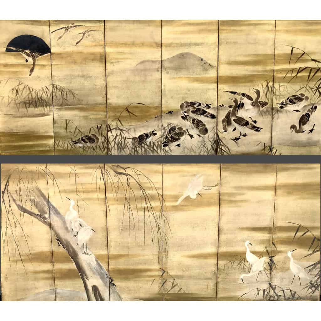 Paire de paravents japonais à 6 panneaux aigrettes et oies | Biron Paire de paravents japonais à 6 panneaux aigrettes et oies