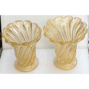 1970′ Vases Similaires Torsadés Cristal Murano Avec Paillons D’ Or Murano 2